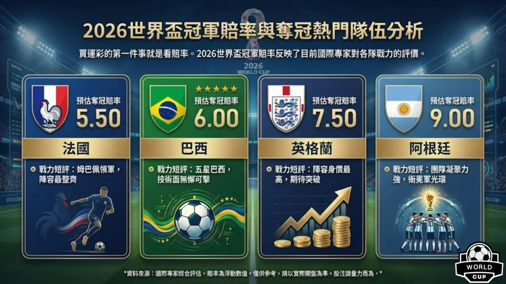 世界盃冠軍賠率 2026世足奪冠預測 台灣運彩世界盃玩法 世界盃分組名單 世足賽金靴獎賠率