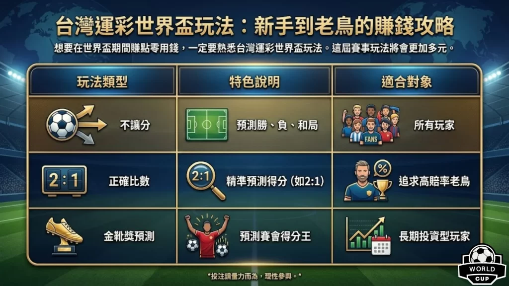世界盃冠軍賠率 2026世足奪冠預測 台灣運彩世界盃玩法 世界盃分組名單 世足賽金靴獎賠率