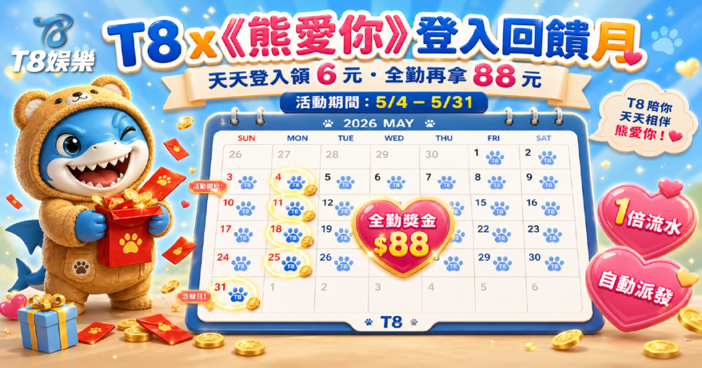 【3A娛樂城優惠】五月限定《熊愛你登入回饋月》天天登入領紅包，全勤再拿 88 元獎勵！